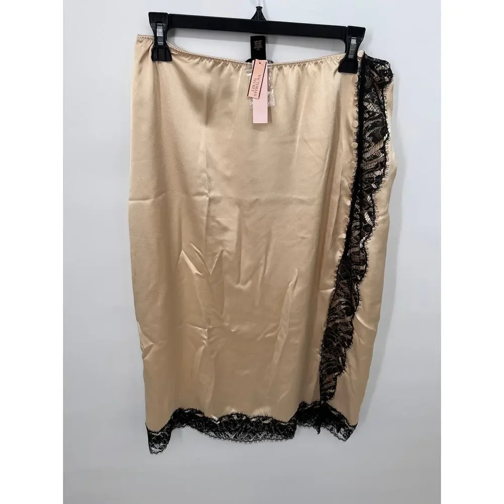 VICTORIAS SECRET NWT Champagne Slip Skirt with Black Lace Trim // XL
